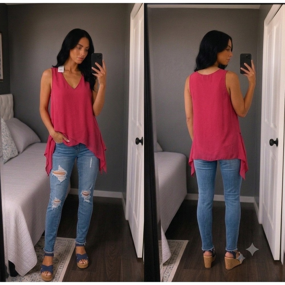 Zoey & Leelo Women Small Fuchsia Pink Asymmetrical Sheer Sleeveless‎ V-Neck Top
